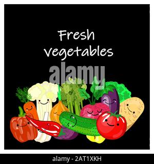 Realistic vector Vegetables with concept logo for Organic Shop on black background. Mock-Up template for Vegetal logo presentation. Vegan Organic Food Stock Vector