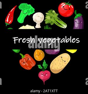 Colorful cartoon vegetables icons in round isolated on white. Vector illustration of fresh organic vegetable banner used for magazine, book, poster Stock Vector