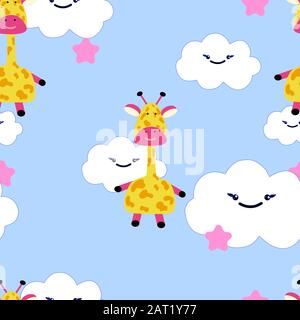 Giraffes, hand drawn backdrop. Colorful seamless pattern with animals. Decorative cute wallpaper, good for printing. Overlapping background vector Stock Vector