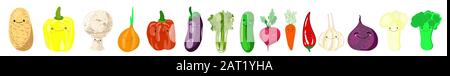 Set of stickers kawaii or patches with - vegetables - tomatoes, cucumbers, radishes, onions, pollock, eggplants, broccoli, celery, cauliflower Stock Vector