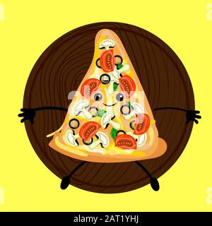 pizza is a cute character with a face. Slice pizza on a plate. Yellow background. For your company, pizzeria, restaurant logo for decorating the menu Stock Vector