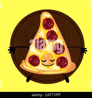 pizza is a cute character with a face. Slice pizza on a plate. Yellow background. For your company, pizzeria, restaurant logo for decorating the menu Stock Vector