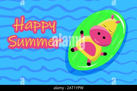 Cute hippo on an inflatable mattress in the pool. Hello Summer party poster.. Stock Vector