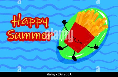 Happy french fries in the pool. Swims on an inflatable mattress and rejoices in the summer. Postcard for your party or french fries day design Stock Vector