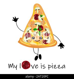 pizza is a cute character with a face. Slice pizza on a plate. Yellow background. For your company, pizzeria, restaurant logo for decorating the menu Stock Vector