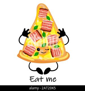 pizza is a cute character with a face. Slice pizza on a plate. Yellow background. For your company, pizzeria, restaurant logo for decorating the menu Stock Vector