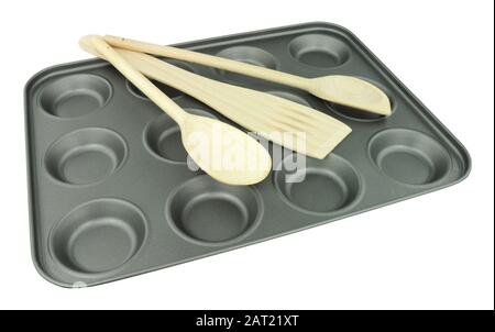 Metal non stick bun baking tray isolated on a white background Stock Photo