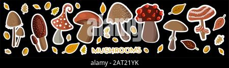 Cute mushrooms collection on black background. Mushroom stickers for children s creativity, labels for products or a logo for a farmer. Stock Vector