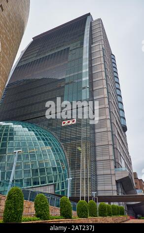 OSAKA, JAPAN - OCTOBER 14, 2019:  The modern building  of NHK Osaka Hall (BK Hall) in the central Osaka. Japan Stock Photo