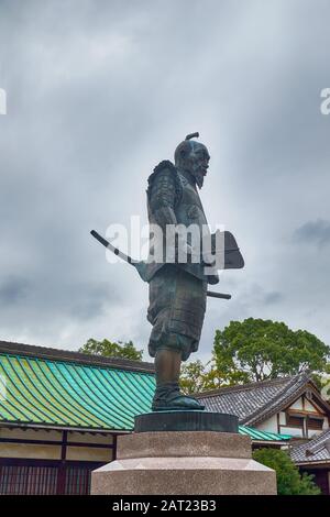 OSAKA, JAPAN - OCTOBER 14, 2019:  Statue of Toyotomi Hideyoshi – the great daimyo, warrior, general, samurai, and politician of the Sengoku period in Stock Photo