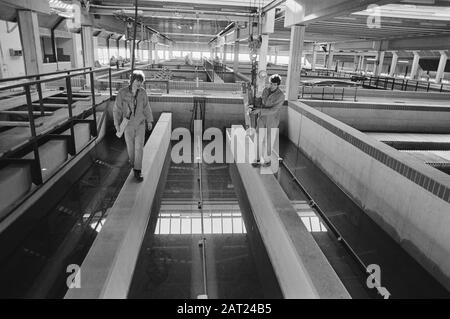 New water treatment and pumping station under construction in the IJsselmeer between Enkhuizen and Andijk  water shoepod suspension is applied by two mechanics Date: February 2, 1981 Location: Andijk, Enkhuizen, IJsselmeer Keywords: workers, buildings, mills, mechanics, enterprises, water management Stock Photo