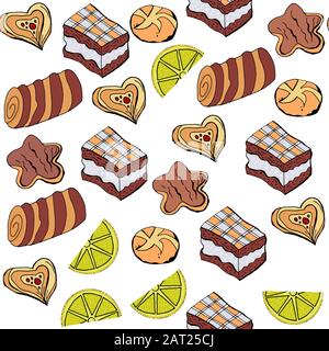 Abstract seamless pattern with pie, roll, bun, cookies, laim. It is located in swatch menu, vector image Stock Vector