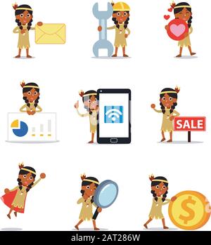 Set of character female Native American using cultural objects for traditional ceremony. Stock Vector