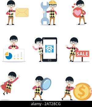 Set of character nerd smart man wearing glasses. Stock Vector