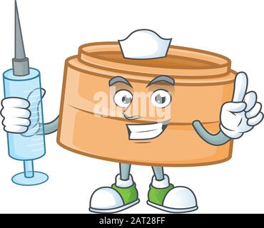 Smiley Nurse dimsum basket cartoon character with a syringe Stock Vector