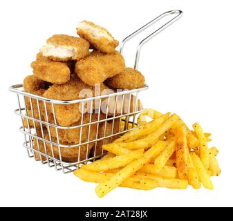 Breadcrumb covered chicken nuggets and French fries in a small wire frying basket isolated on a white background Stock Photo