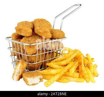 Breadcrumb covered chicken nuggets and French fries in a small wire frying basket isolated on a white background Stock Photo