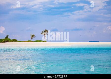 Maldive Islands Sand Beach Sunset Cloudy Sky View Stock Photo
