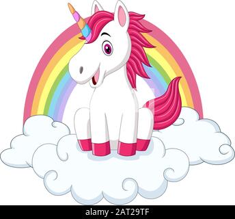 Cute little pony unicorn sitting on clouds Stock Vector