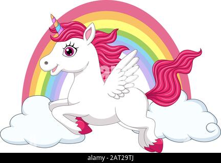 Cute little pony unicorn with wings on clouds and rainbow Stock Vector