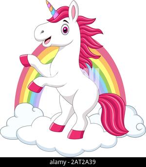 Cute little pony unicorn on clouds and rainbow Stock Vector