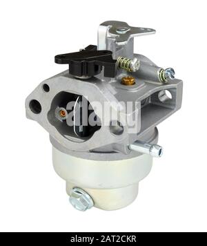 Simple petrol lawn mower carburettor isolated on a white background Stock Photo