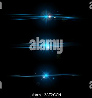 Set of elements glowing blue light effects collection isolated on black background. Optical flare objects. Vector illustration Stock Vector