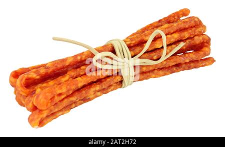 Traditional Polish dry cured Kabanos sausage isolated on a white background Stock Photo