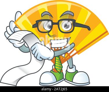 A funny cartoon character of gold chinese folding fan with a menu Stock Vector