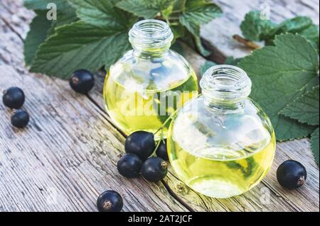 Medicinal tincture with black currant in a glass bottle. Cold remedy extract of black currant. Close-up. Stock Photo