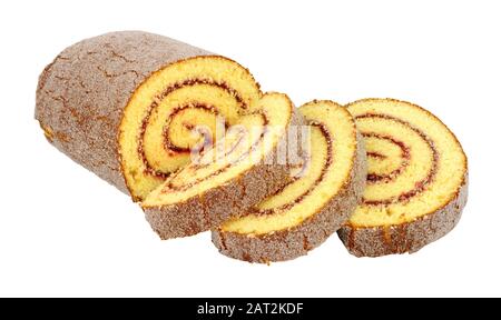 Traditional sponge Swiss roll with raspberry jam flavour filling isolated on a white background Stock Photo