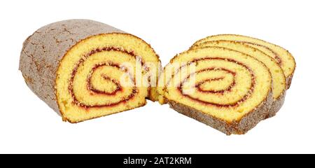 Traditional sponge Swiss roll with raspberry jam flavour filling isolated on a white background Stock Photo