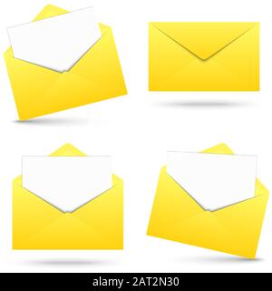collection of yellow envelopes opened with empty white paper and shadow Stock Vector
