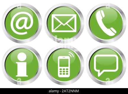 Contact Us, set of six white icons in round colored buttons Stock Vector