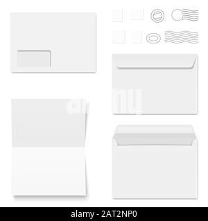 collection of white standard size envelopes and different postage stamps Stock Vector