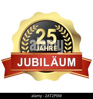 gold button with red banner for 25 years jubilee (text in german) Stock Vector