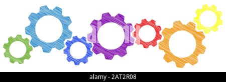 colored scribble gear wheels for cooperation or teamwork symbolism Stock Vector