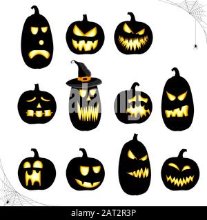 collection of different black colored illustrated pumpkins for Halloween layouts Stock Vector