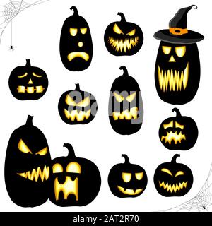 collection of different black colored illustrated pumpkins for Halloween layouts Stock Vector