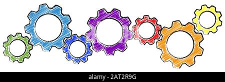 colored scribble gear wheels for cooperation or teamwork symbolism Stock Vector