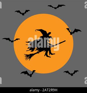 witch in front of full moon with scary illustrated bats for Halloween background layouts Stock Vector