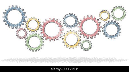 colored scribble gear wheels for cooperation or teamwork symbolism Stock Vector