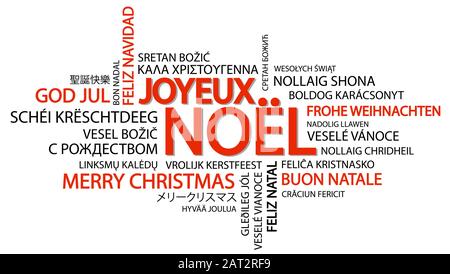 Word cloud with text Merry Christmas in different languages, in the middle one oversized and bold written in French Stock Vector