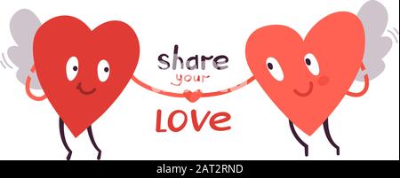 Vector illustration isolated on white. Two happy flying hearts looking at each other. Couple in love holding hands. Wings of love. Lettering. Greeting Stock Vector