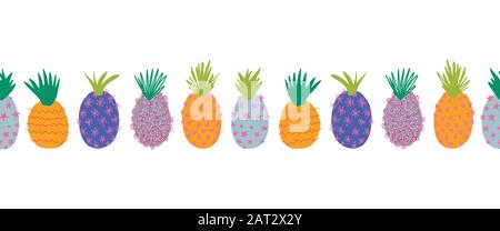 Pineapples abstract seamless vector border. Repeating horizontal colorful pattern border. Hand drawn exotic fruit isolated in cartoon doodle style Stock Vector