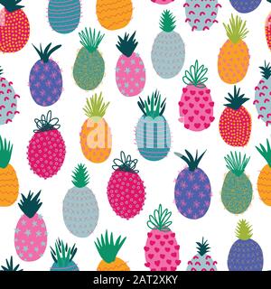 Pineapples abstract seamless vector summer pattern. Repeating colorful tropical background. Hand drawn exotic fruit isolated in cartoon doodle style Stock Vector