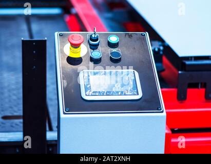 Touch screen control panel of modern industrial equipment. Selective focus. Stock Photo