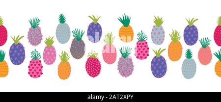Pineapples seamless summer vector border. Repeating horizontal colorful pattern border. Hand drawn abstract exotic fruit isolated in cartoon doodle Stock Vector