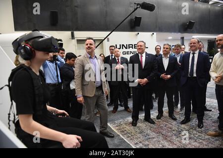 Foreign Secretary Dominic Raab (right) and US Secretary of State Mike Pompeo (centre) during a visit to US company Epic Games in London, to see examples of UK/US collaboration, innovation and excellence in the creative industries. Stock Photo
