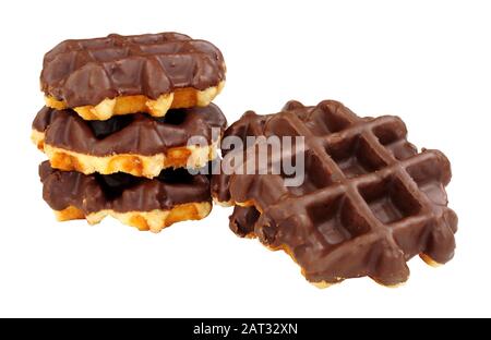 Group of sweet chocolate covered waffles isolated on a white background Stock Photo